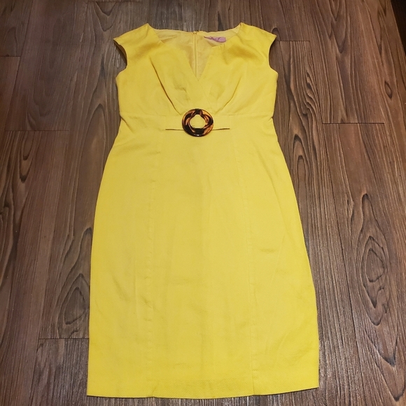 Eliza J Yellow Sheath Dress Sleeveless Tortoise Shell Cinched Waist Cotton S - Picture 1 of 12